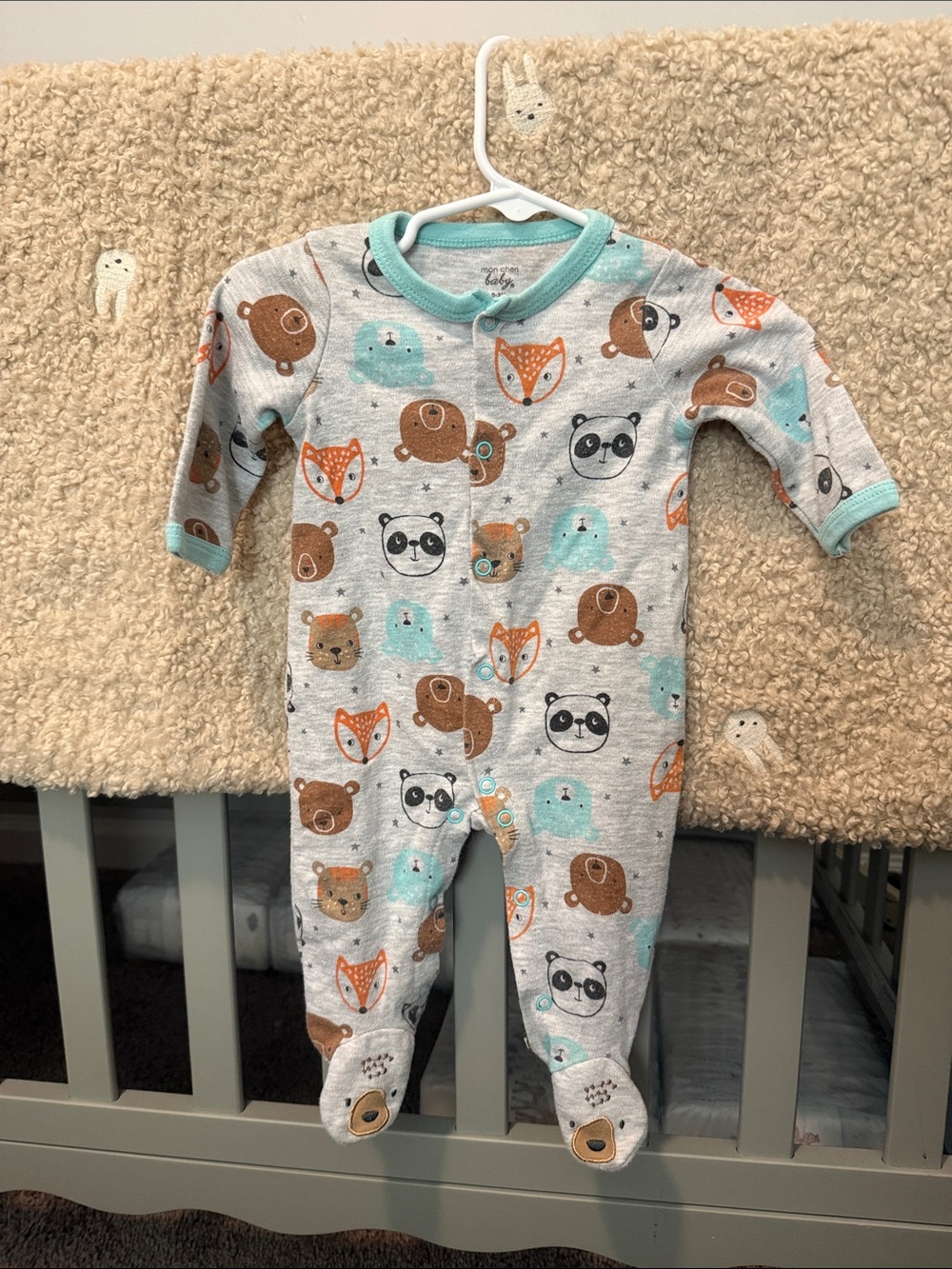 Mon Cheri Gray Footed One-Piece with Animal Faces and Teal Trim